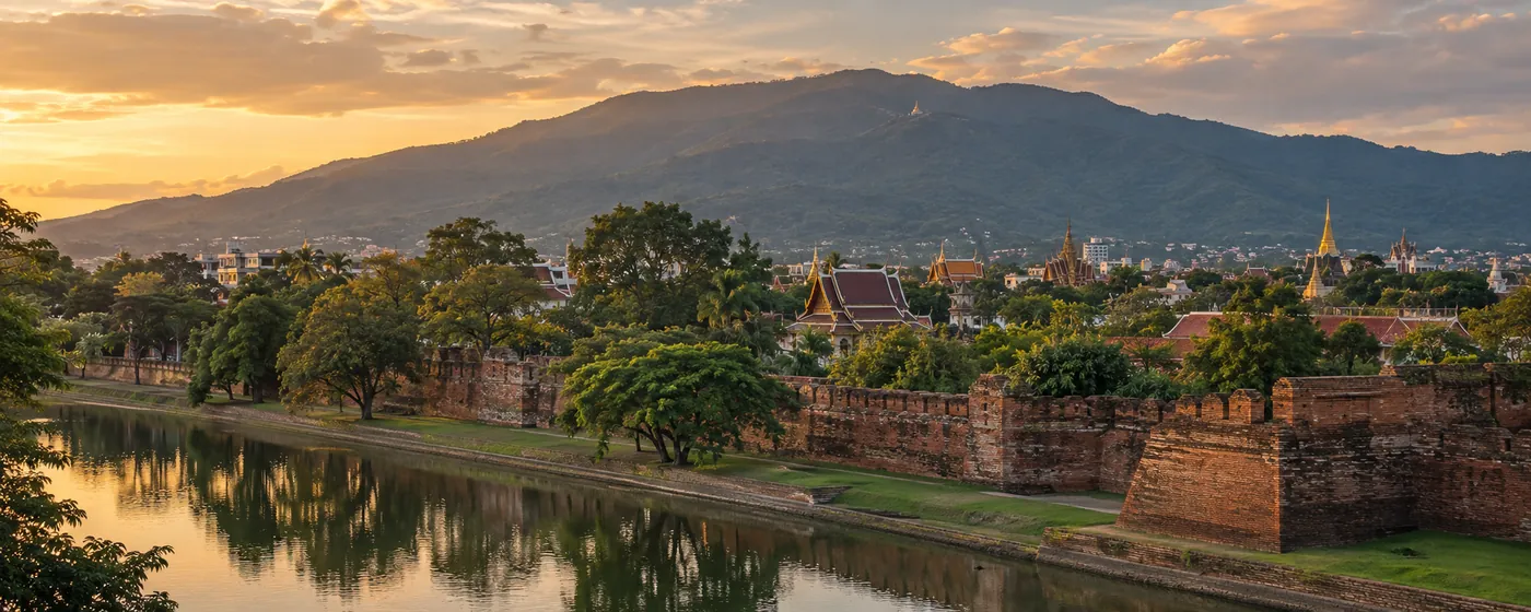 Chiang Mai’s old city moat and brick walls at sunset, Doi Suthep beyond