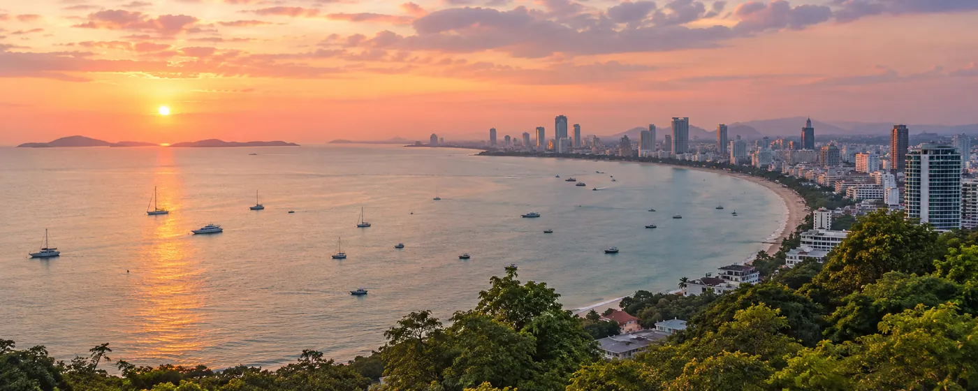 Pattaya Bay at sunset, seen from the hill above the city