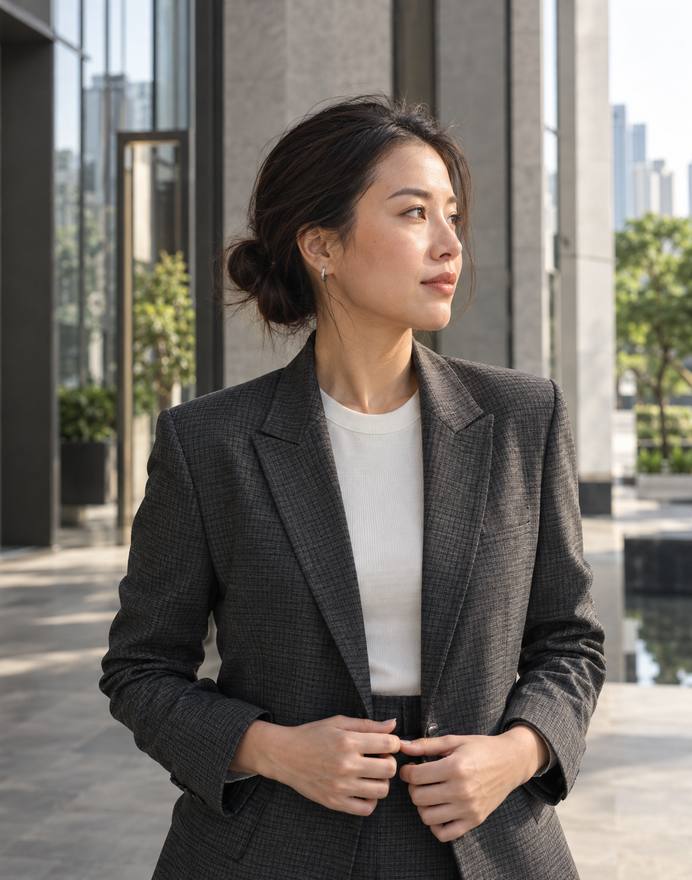 A woman in a tailored grey blazer outside a glass tower, looking out across the city