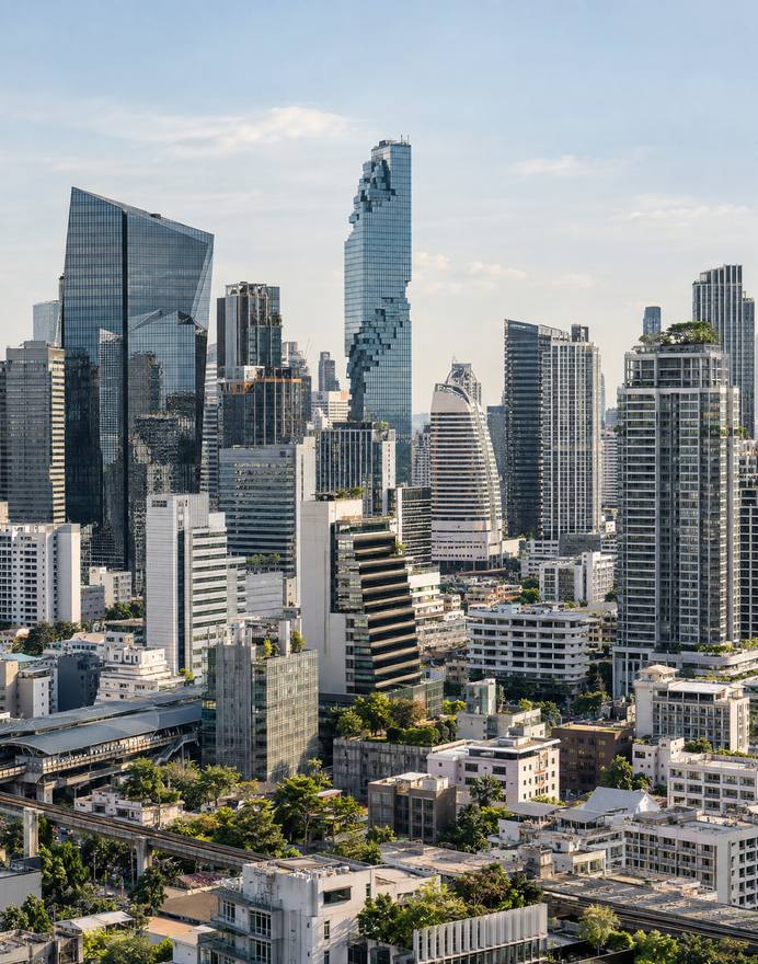 Bangkok towers from above, rooftop gardens and the elevated railway between them