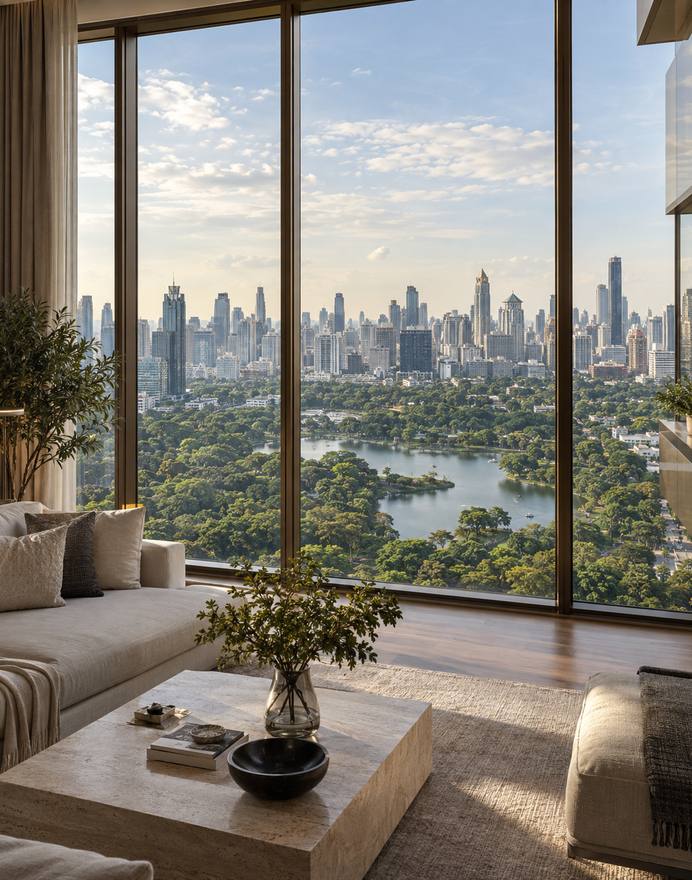 A living room with floor-to-ceiling windows over a park and its lake, the skyline beyond