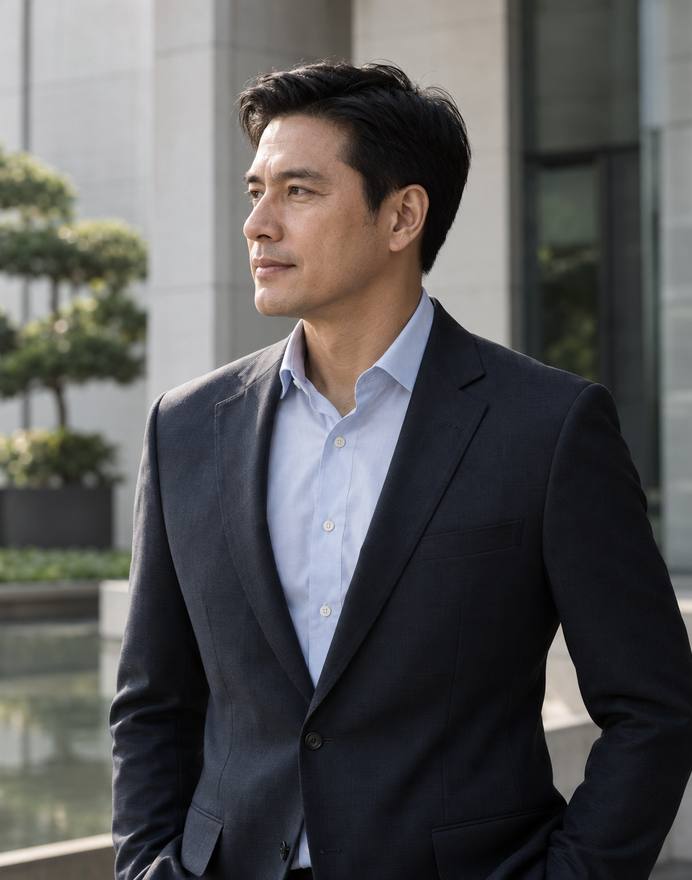 A man in a dark suit on a garden terrace, looking out over the city
