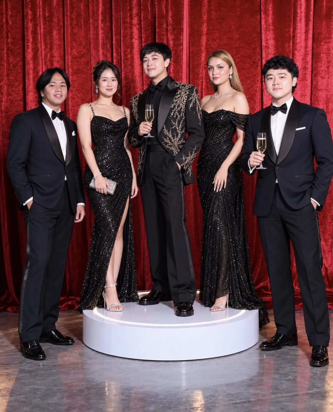The A.D. team in black tie and evening gowns at an awards night, in front of a red velvet curtain