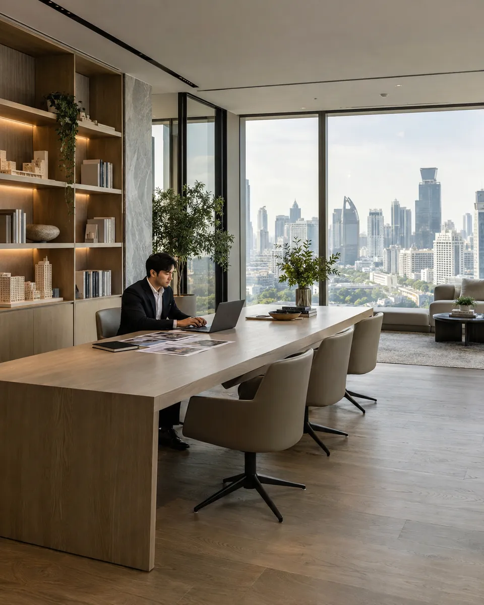 An A.D. advisor working on a laptop in a bright office above the Bangkok skyline