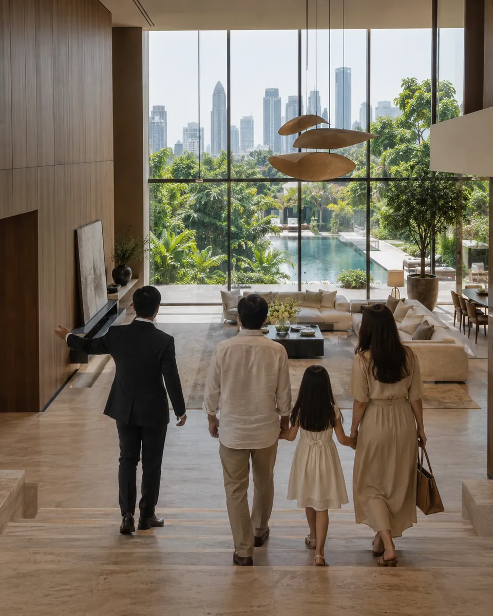 An advisor showing a family around a residence, seen from behind
