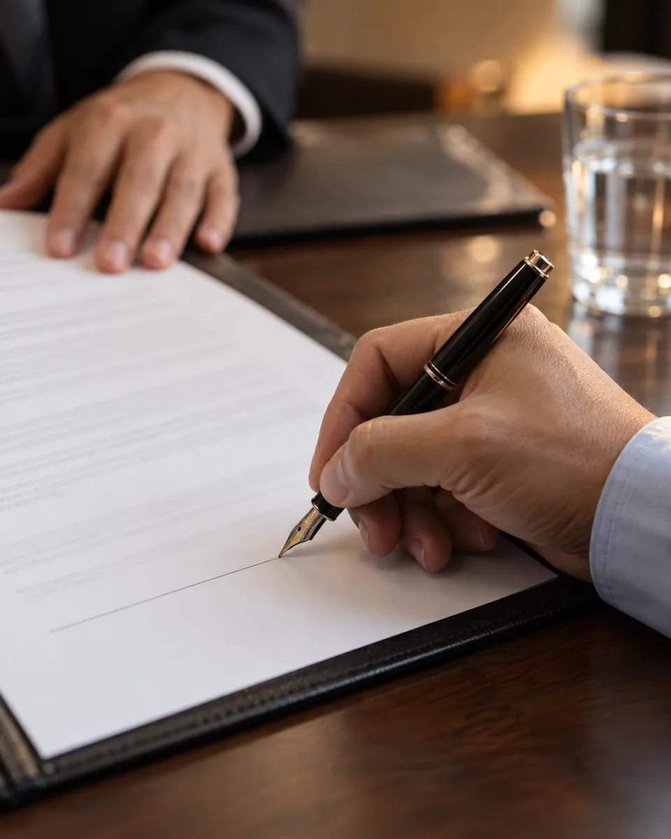A close-up of a hand signing a contract with a fountain pen