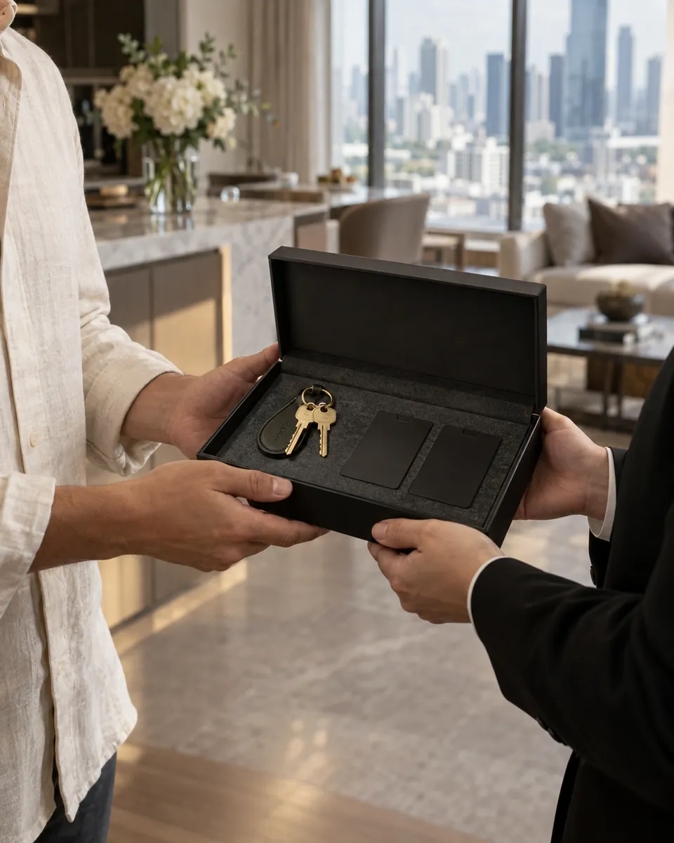 An advisor handing a box of keys to the new homeowner