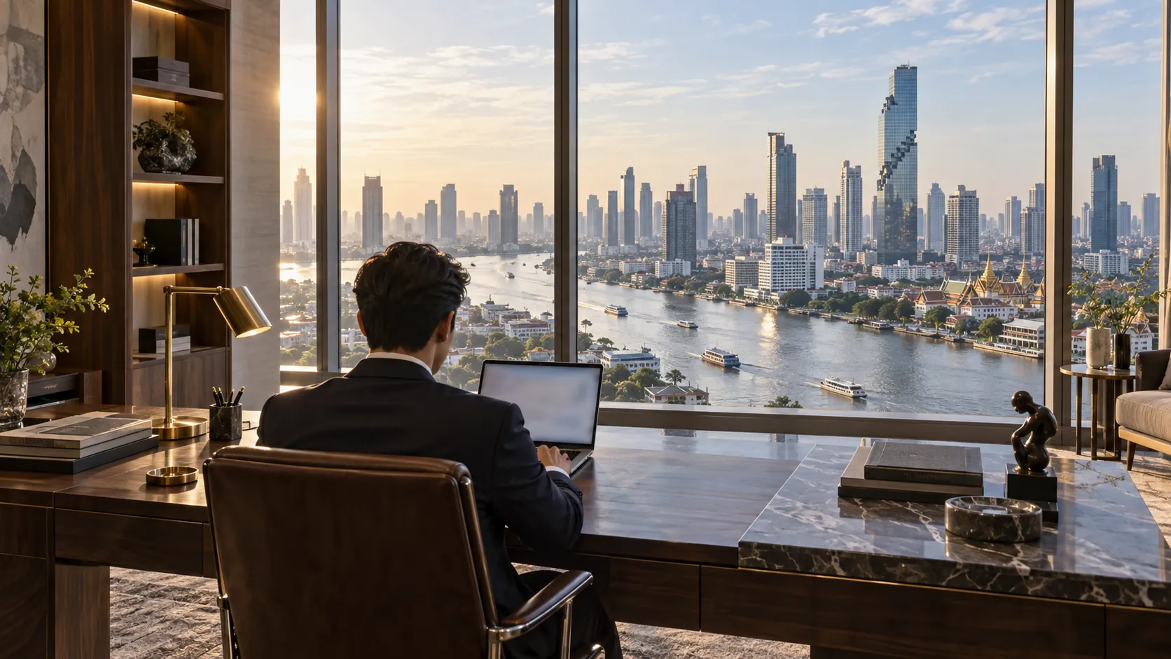 Seen from behind, a man works on his laptop at a walnut and marble desk in a high-floor Bangkok office, the Chao Phraya, the skyline and the riverside temples filling the window