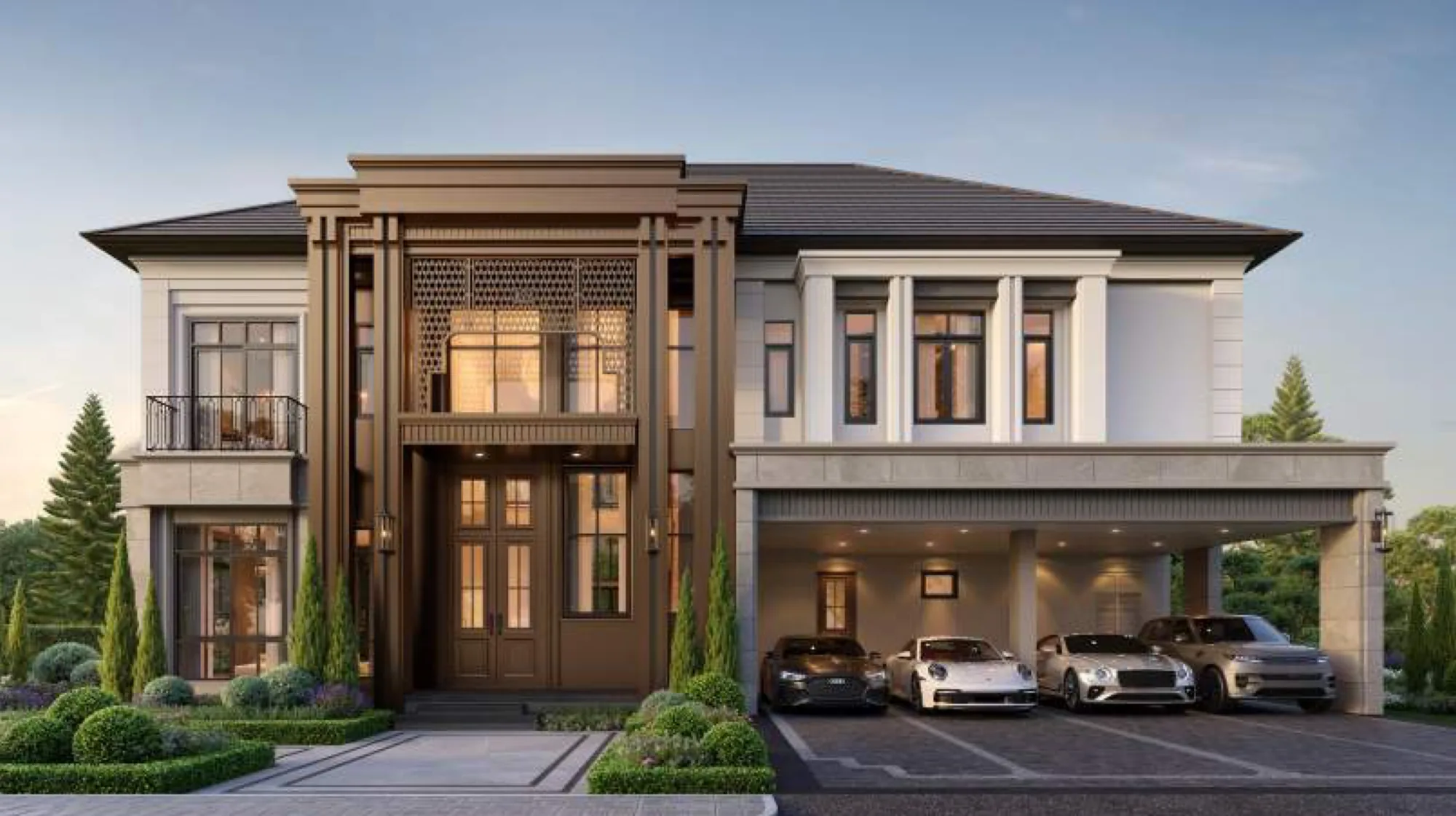 The Ondine house: a wide two-storey façade with a double-height timber entrance and a four-car carport