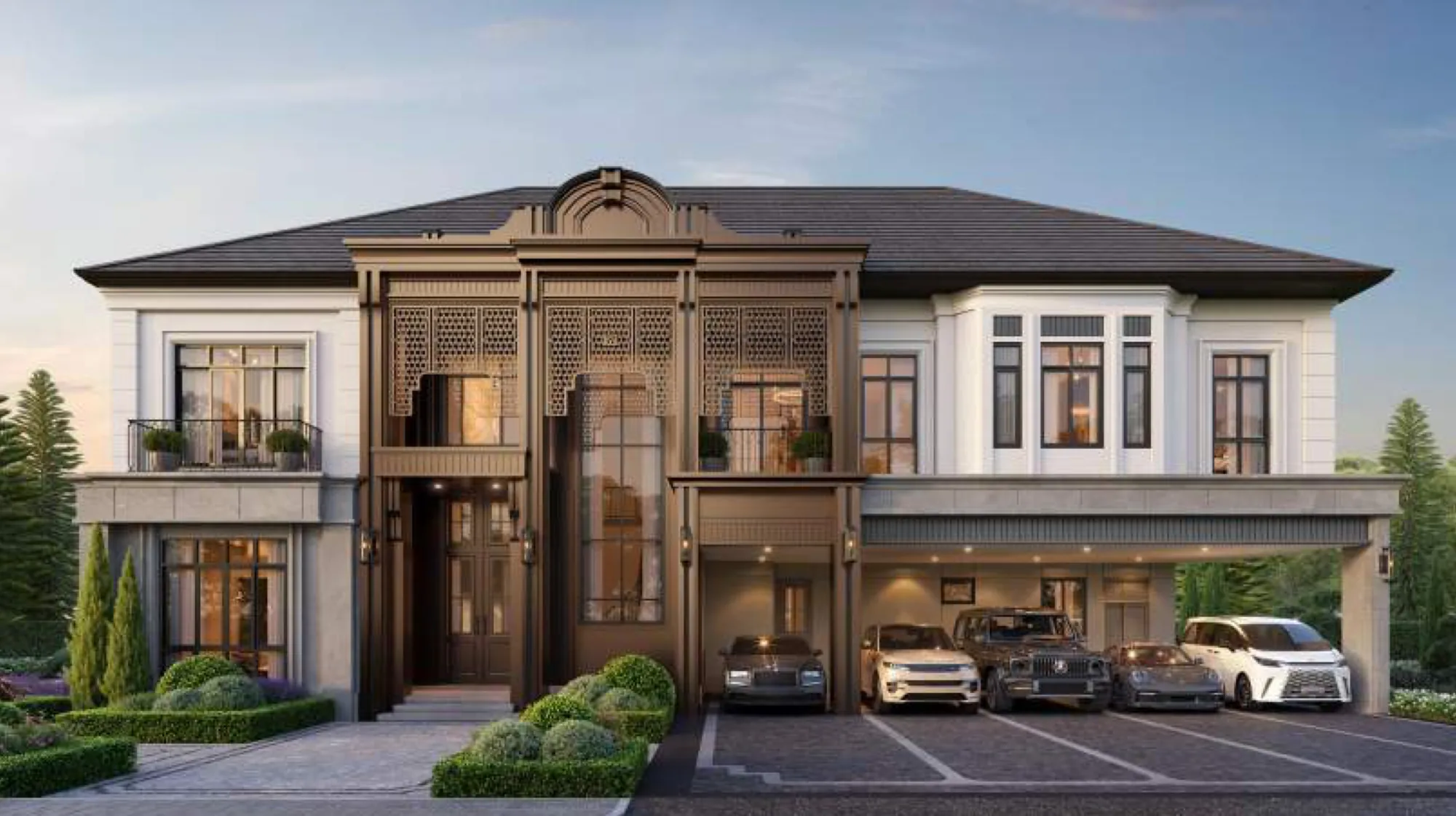 The Sylvie house: a broad Modern French façade with a carved timber entrance and parking for five cars