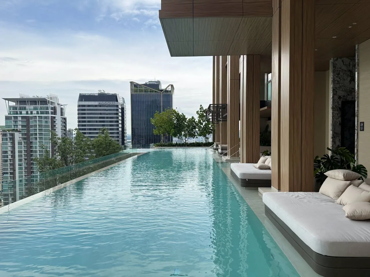 A long rooftop swimming pool with sun loungers under a timber canopy and the city beyond