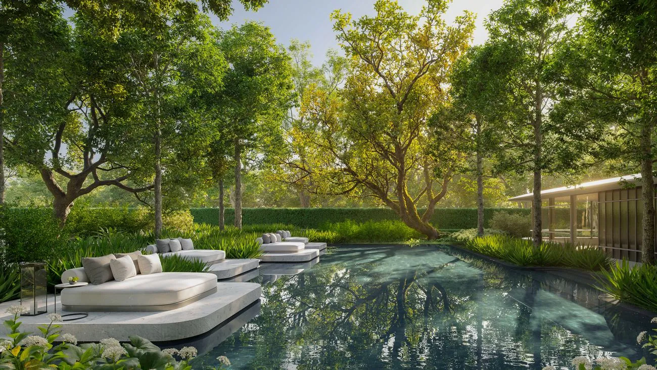 Rendering of the ground-level swimming pool among the trees at Upper House Residences Bangkok