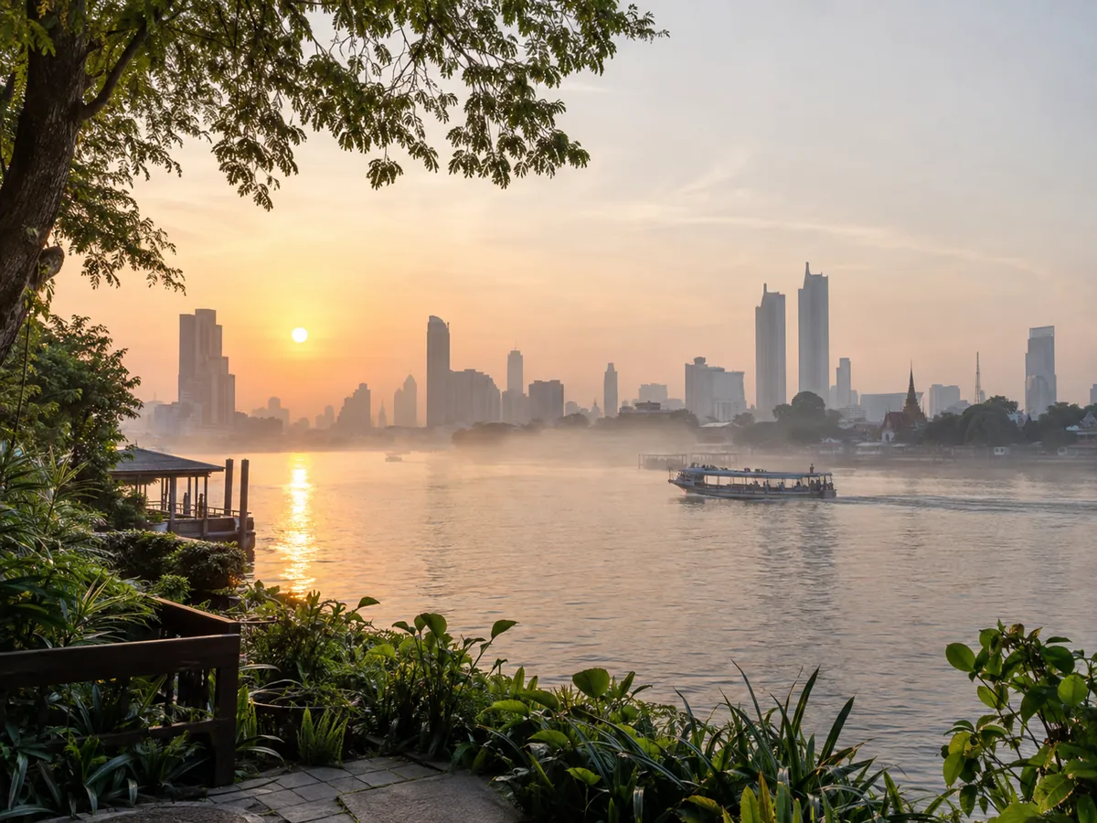 The Chao Phraya at sunrise from a riverside garden, with Bangkok’s towers softly lit