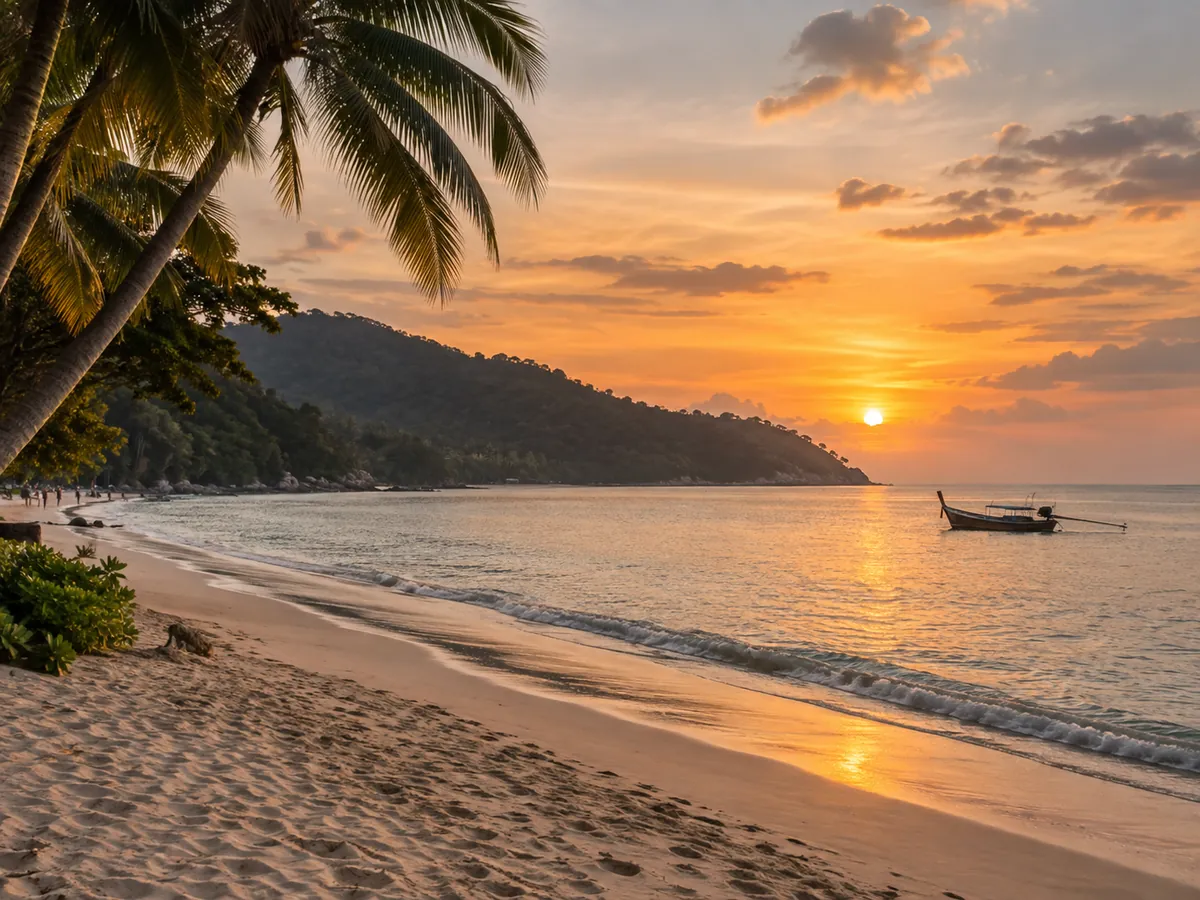 Kamala Beach at sunset, with palms and a long-tail boat
