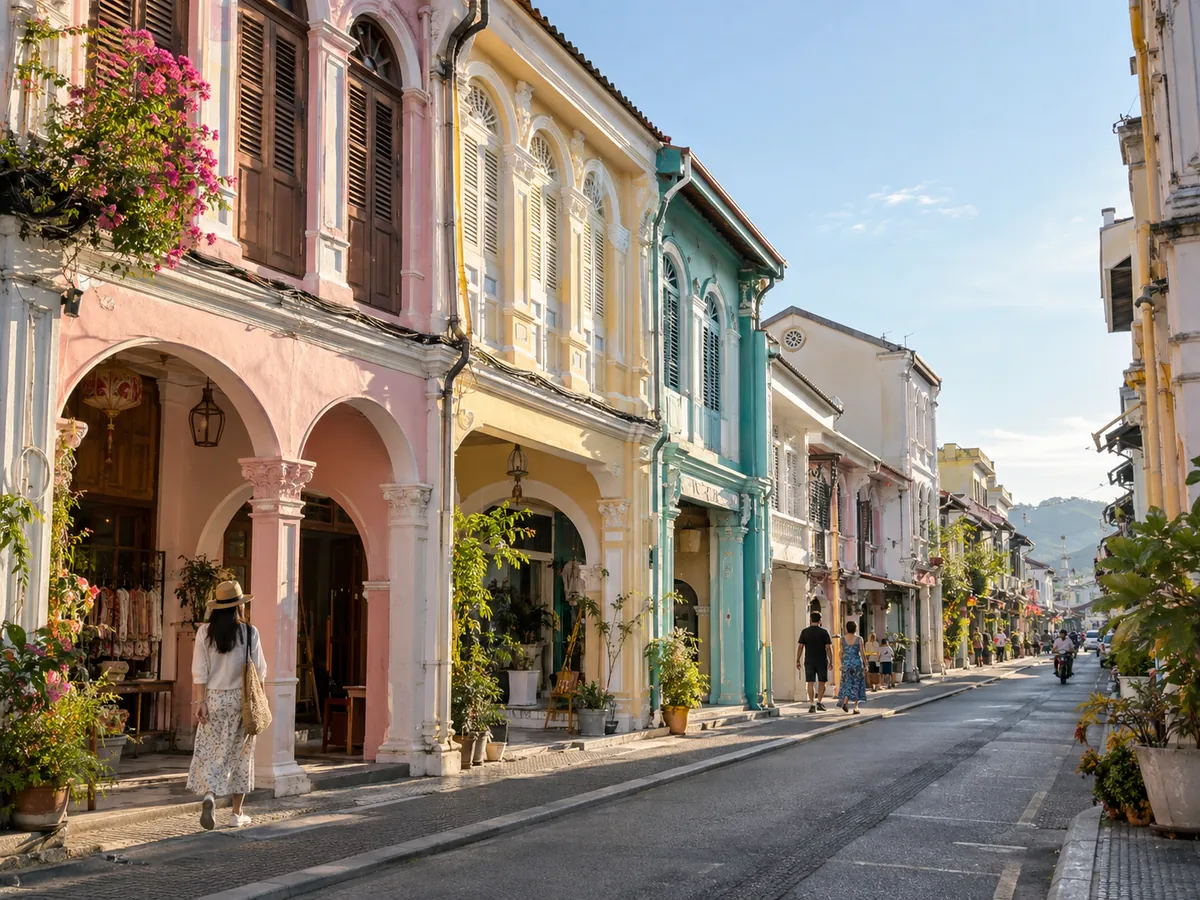 Pastel Sino-Portuguese shophouses on Thalang Road