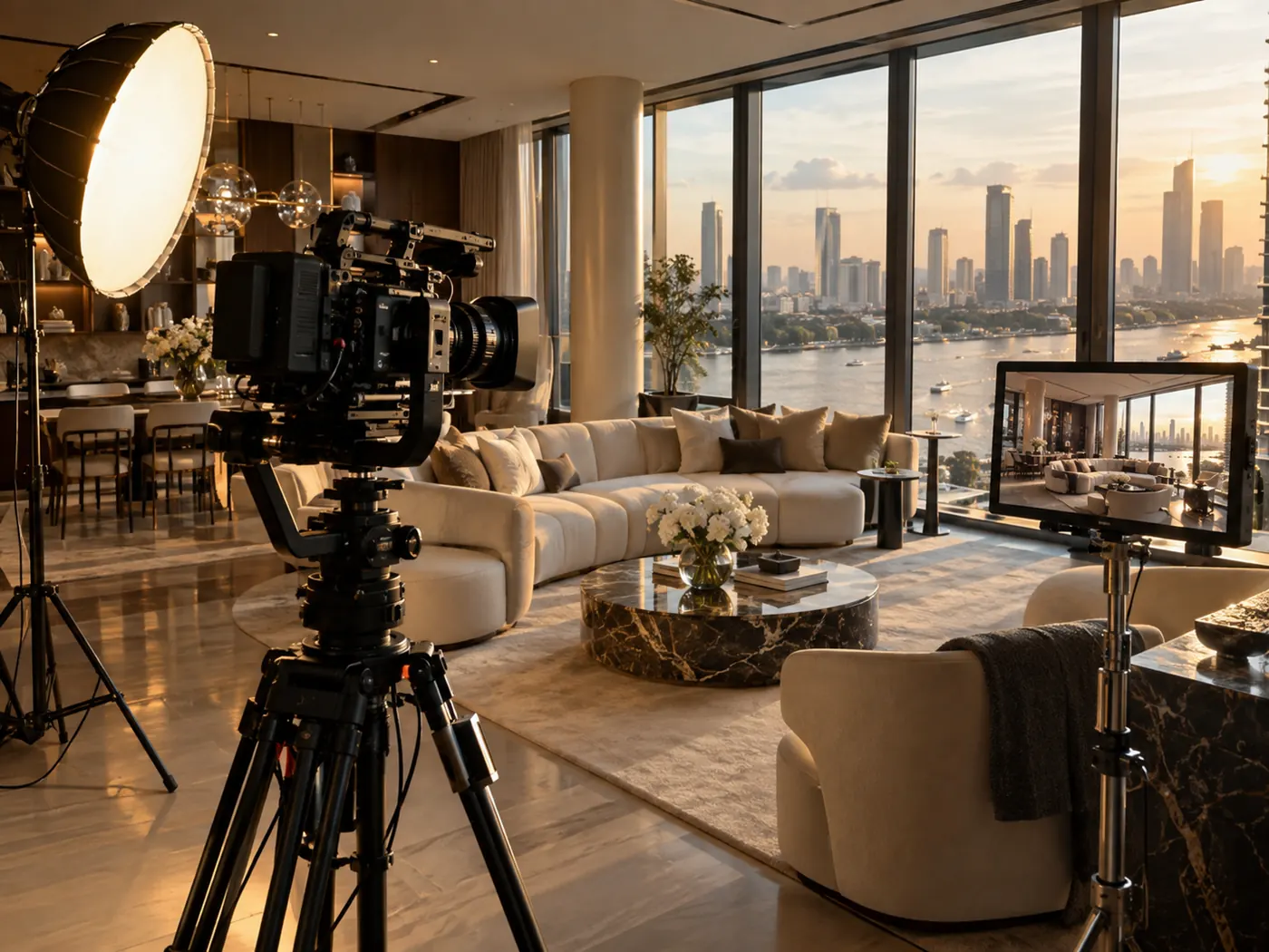 A luxury Bangkok living room set up for its property film: a cinema camera on a gimbal, a softbox light and the river beyond