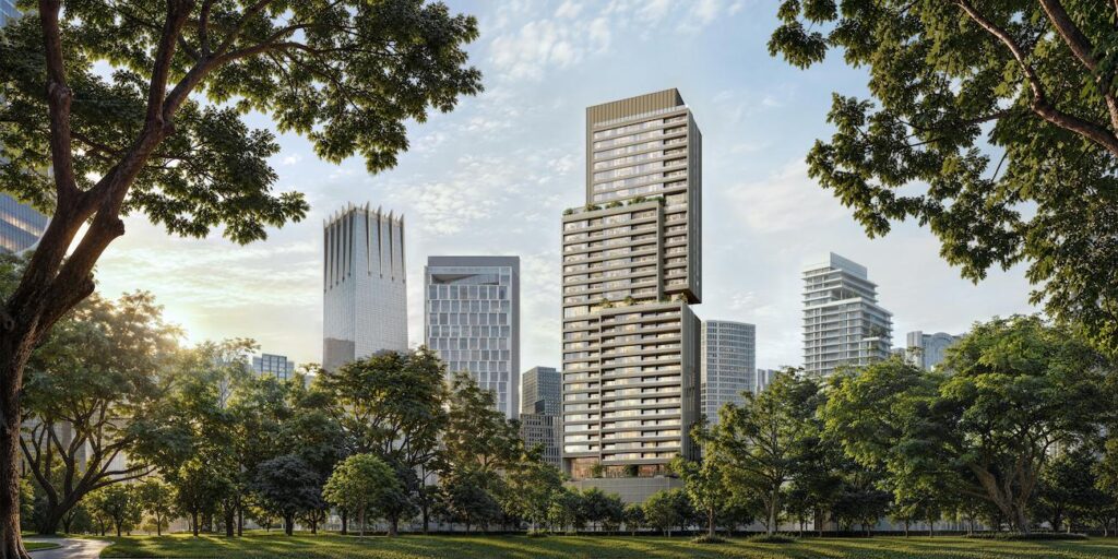 Architectural rendering of Rosewood Residences Bangkok facing Lumphini Park