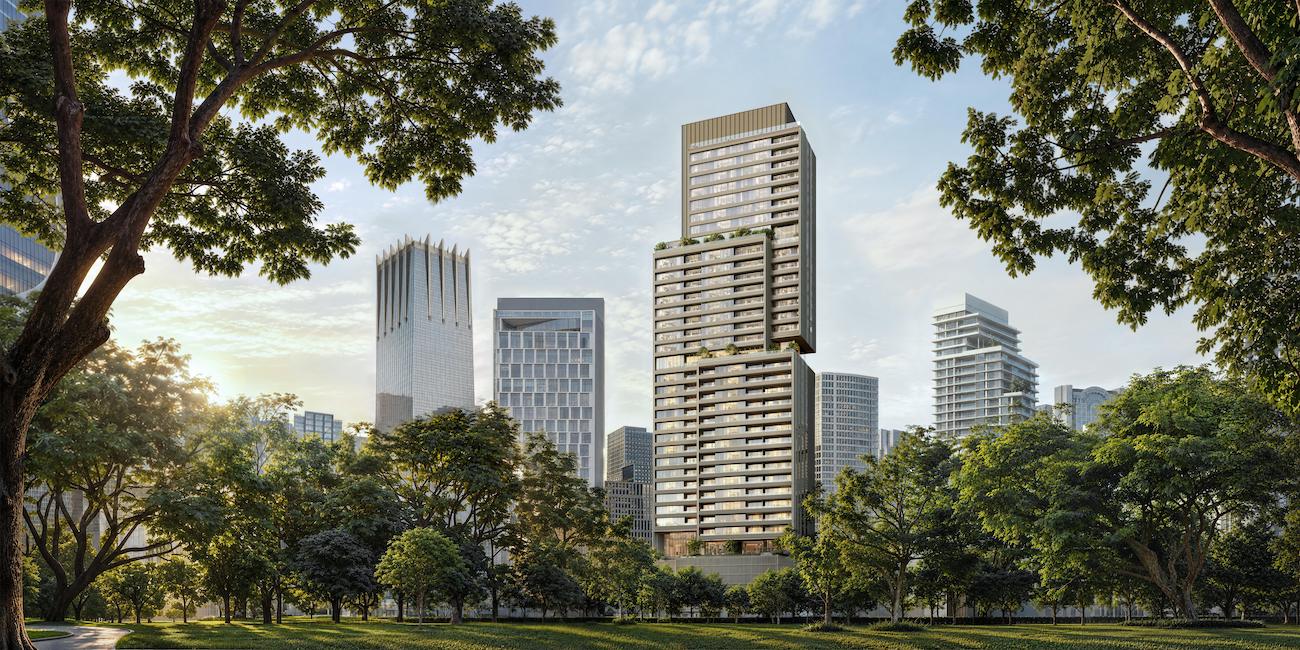 Architectural rendering of Rosewood Residences Bangkok facing Lumphini Park