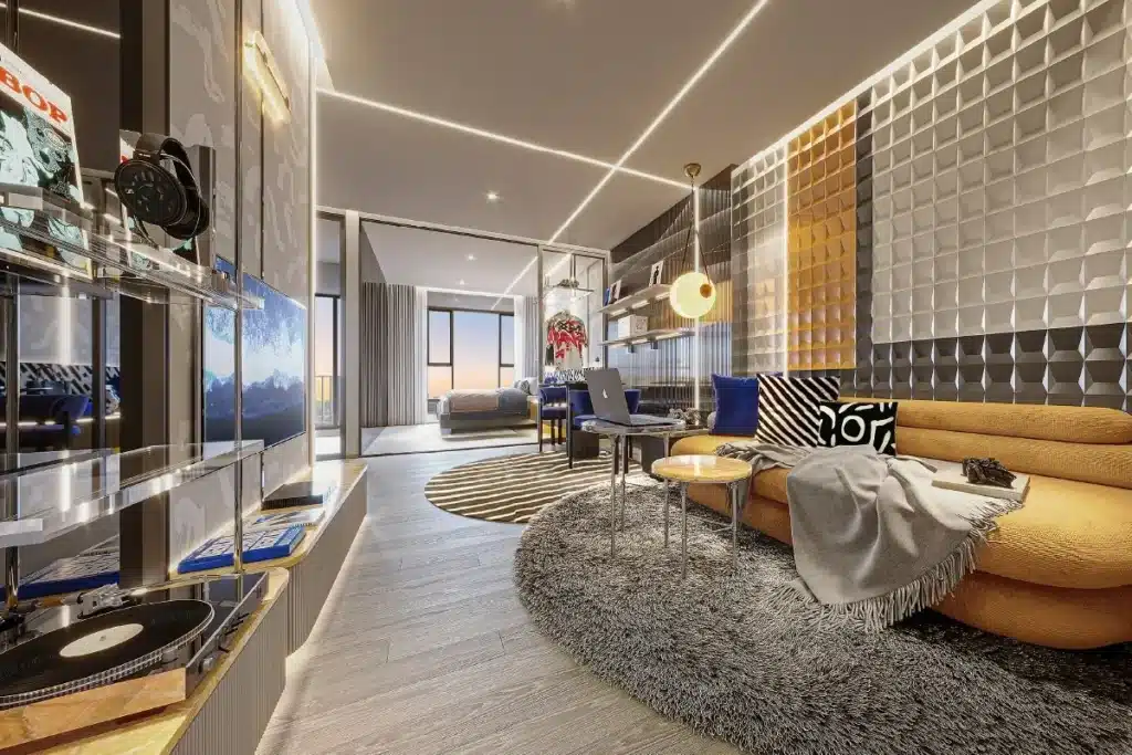 Developer rendering of a furnished apartment living area