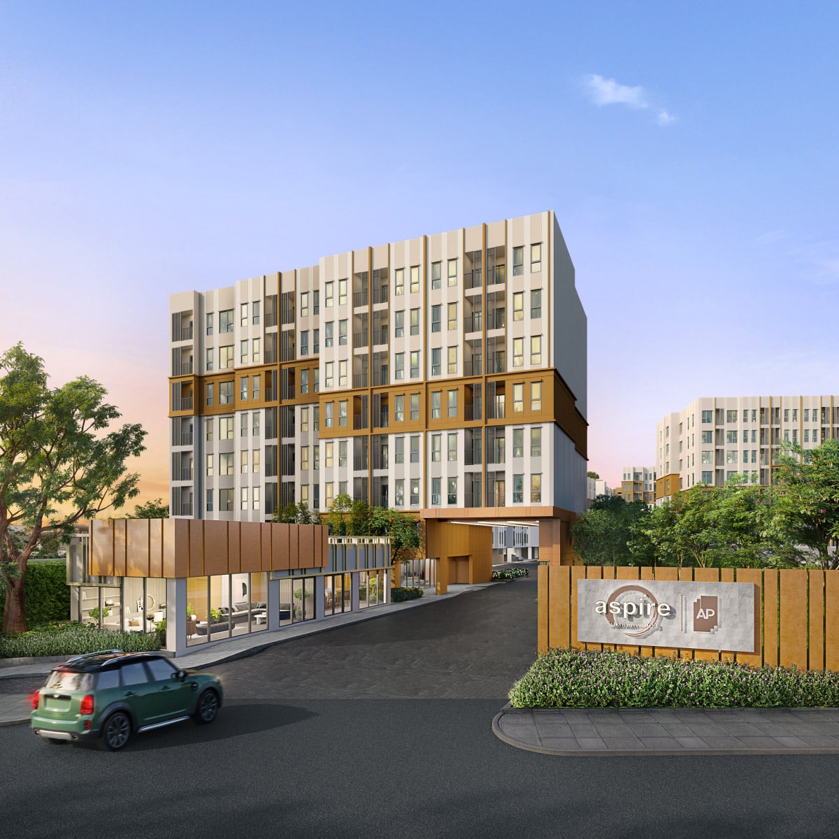 Developer rendering of the ASPIRE Sukhumvit 103 entrance and residential buildings