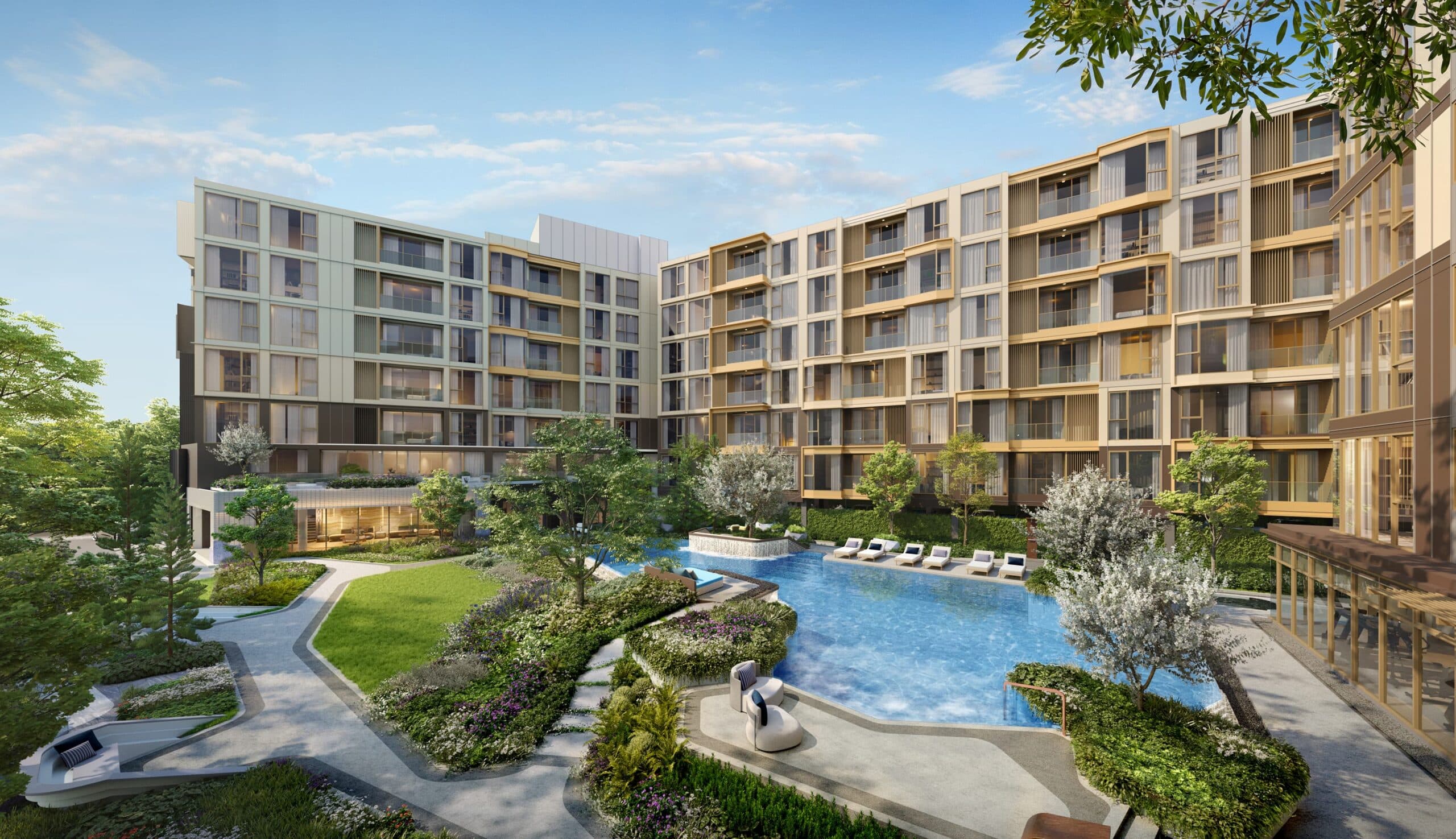 Official Eiris HAUS rendering showing a planted courtyard and pool between residential buildings