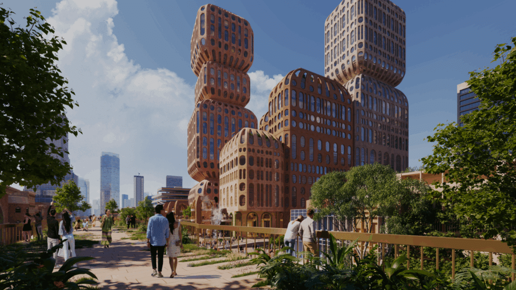 Rendering of HATAI lantern-like buildings and landscaped walkway