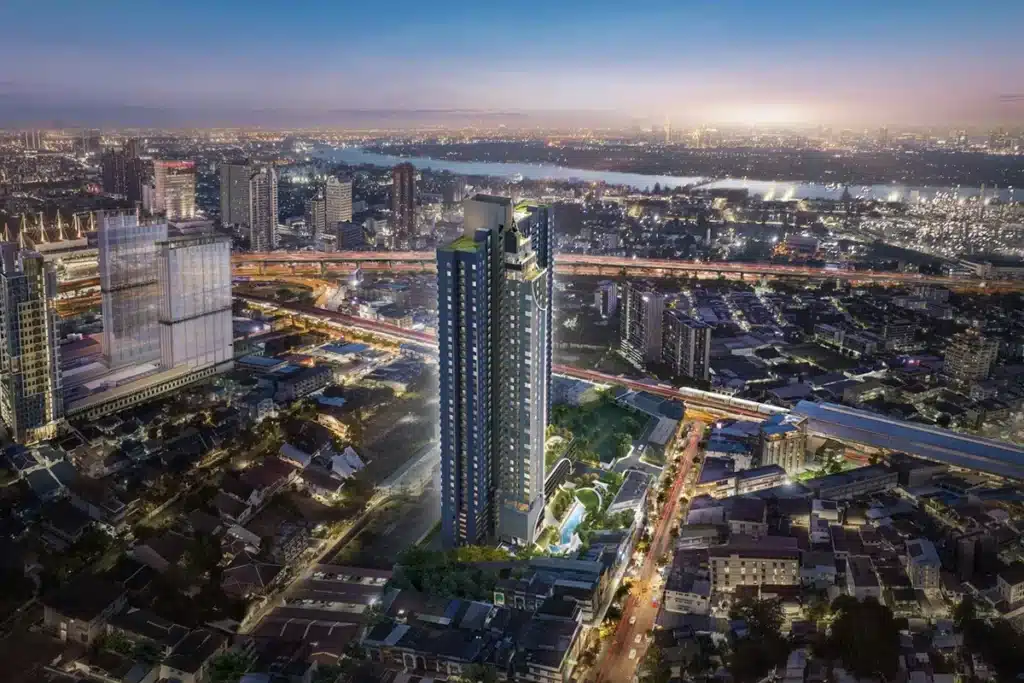 Developer aerial rendering of LIFE Udomsuk Station and its urban surroundings