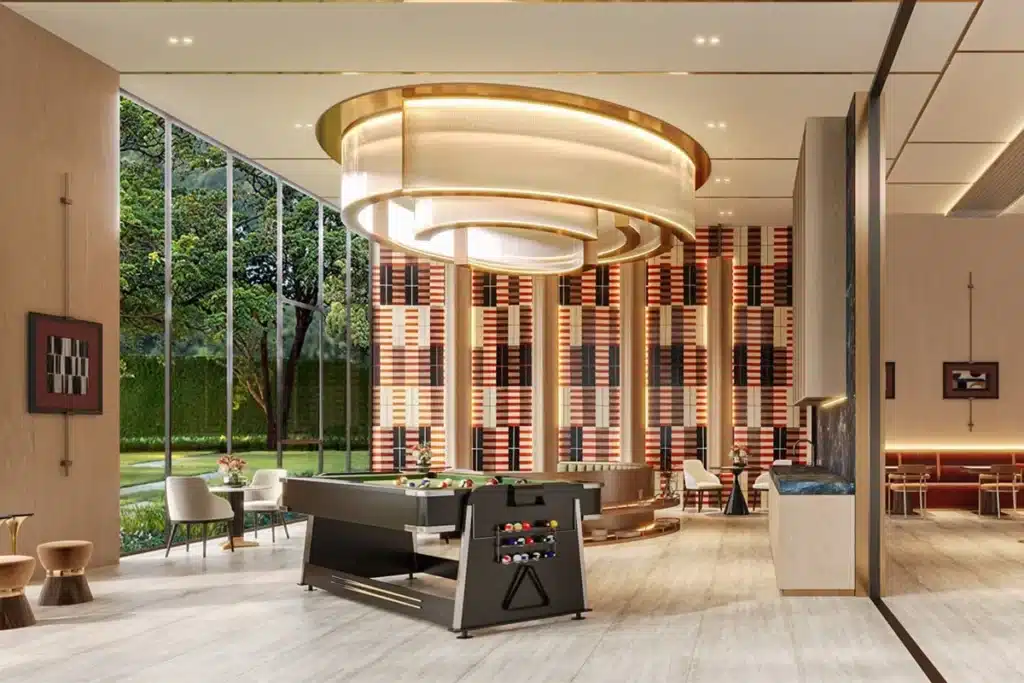 Developer rendering of a shared lounge with a pool table