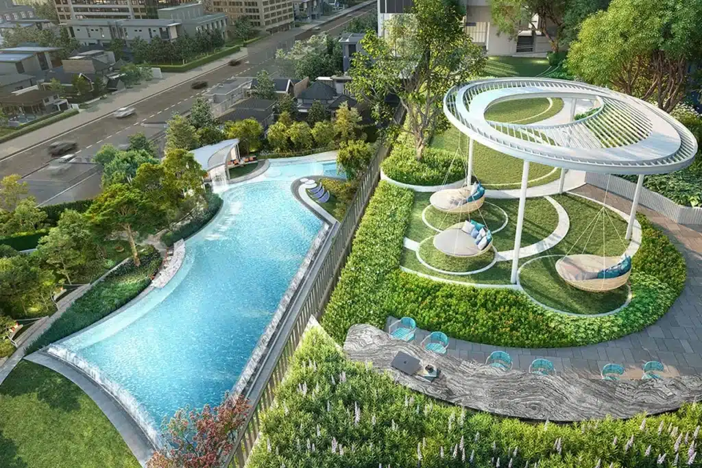 Developer rendering of a landscaped pool and garden terrace