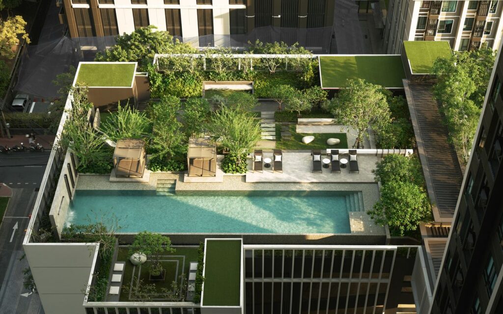 Pool and landscaped gardens at Nue Evo Ari, in an official Noble image