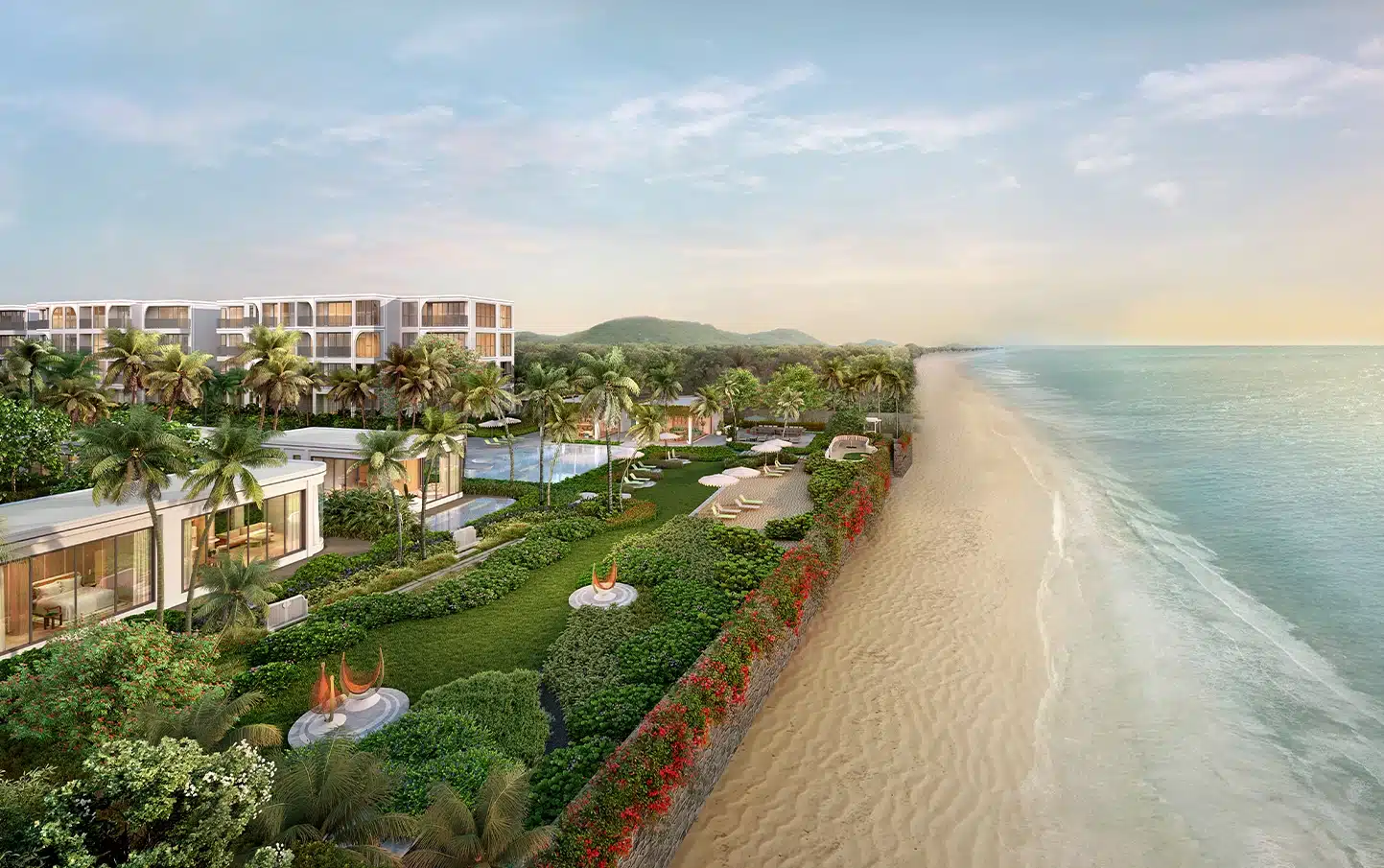 Official rendering of the beachfront and shared grounds at The Standard Residences Hua Hin