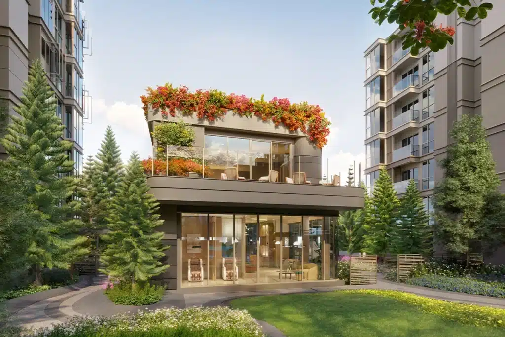 Developer rendering of the separate Valles HAUS clubhouse and surrounding planting