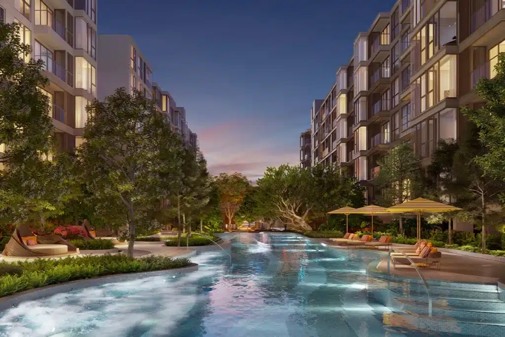 Developer rendering of the Valles HAUS pool and landscaped space between residential buildings
