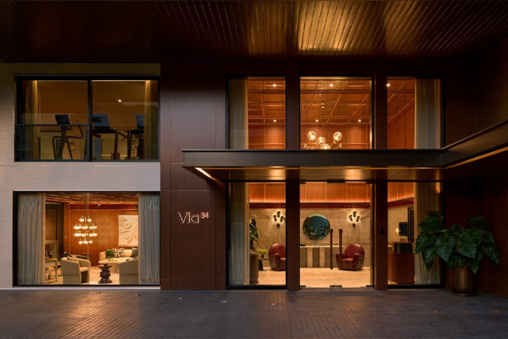 Developer-supplied image of the VIA 34 entrance facade and signage