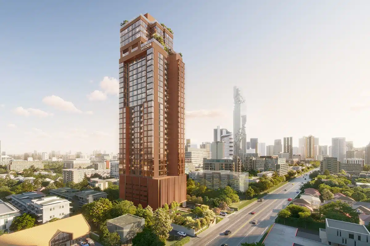 Developer rendering of the warm-toned WIDEN BY SANSIRI tower and surrounding neighbourhood