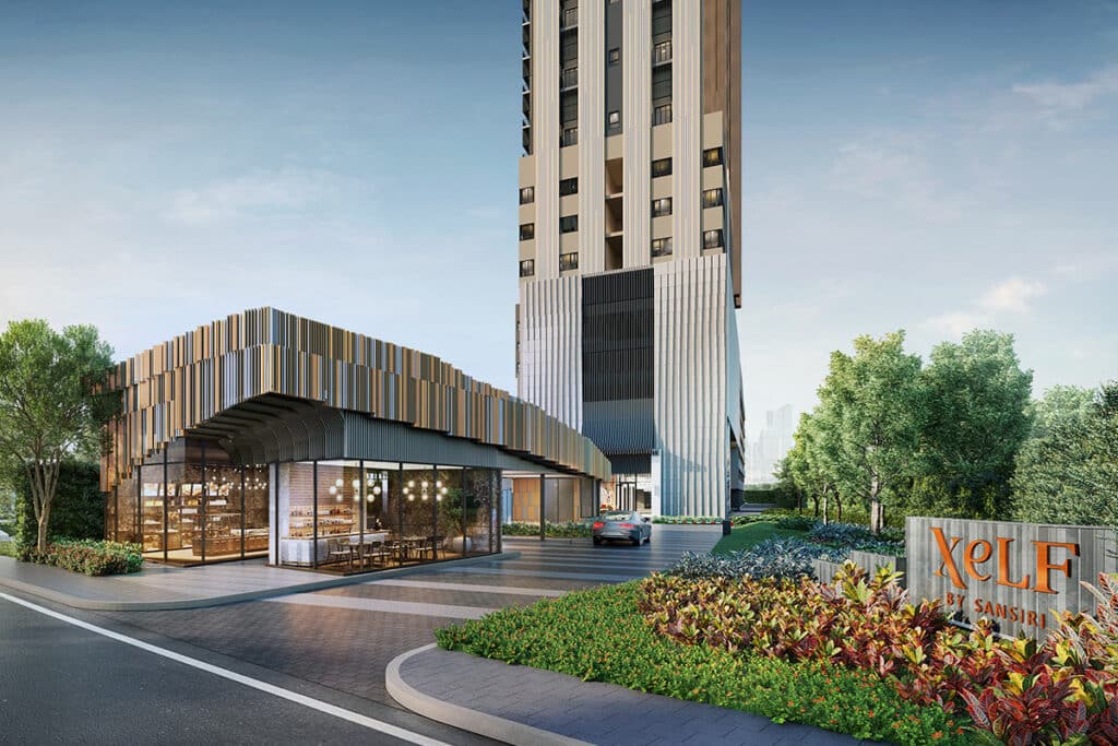 Architectural illustration of the XELF by Sansiri entrance and building