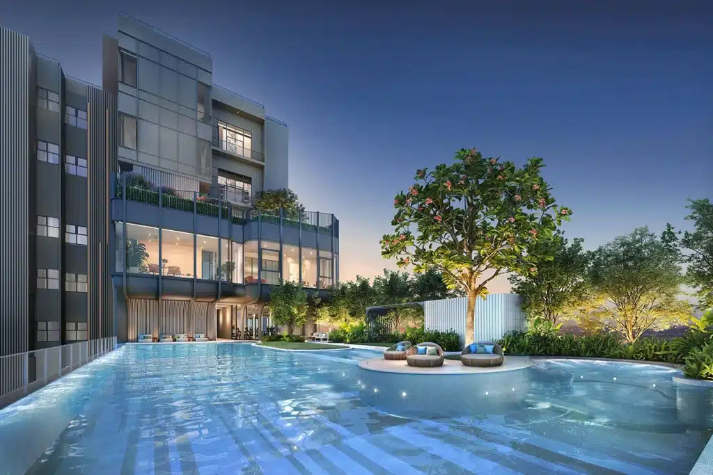 Architectural illustration of the XELF by Sansiri pool and landscaped deck